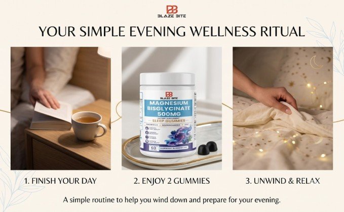 Three-step evening routine: finish your day, enjoy 2 gummies, unwind and relax